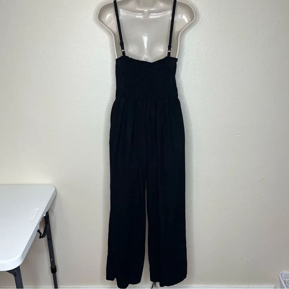 Old Navy Linen Rayon Black Jack Romper Overall Cropped Smocked Back Women Small - Picture 7 of 15